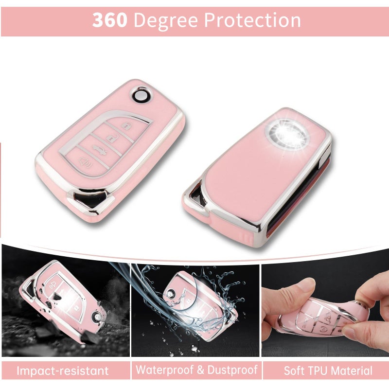 Pangpai Pink Car Accessories 3 Pcs for Toyota Fortuner Tundra Camry RAV4 Highlander Corolla Key Fob Cover with Bling Keychain Cute Push to Start Button Cover - Image 3